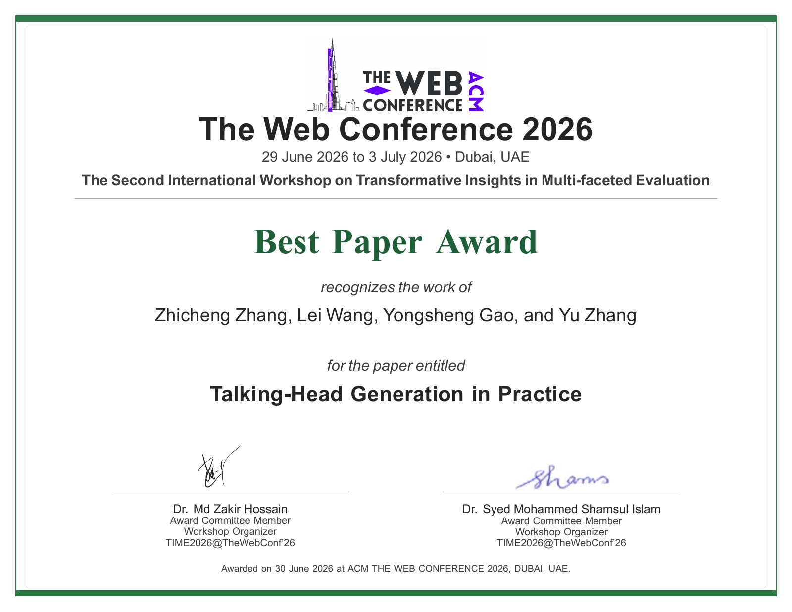TIME 2026 Best Paper Award certificate for Talking-Head Generation in Practice, awarded to Zhicheng Zhang, Lei Wang, Yongsheng Gao, and Yu Zhang